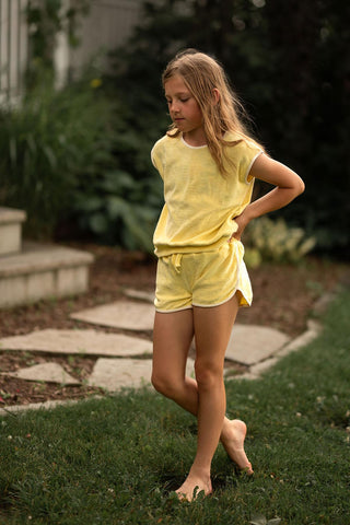 Beyaz Kontrast Detaylı Sarı Havlu Bluz Şort Set