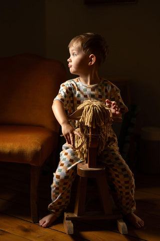 Pastel Damalar Kısa Kollu Uzun Alt Pijama Takımı