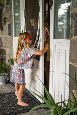 Pembe Günbatımı Kısa Kollu Bluz Şort Set