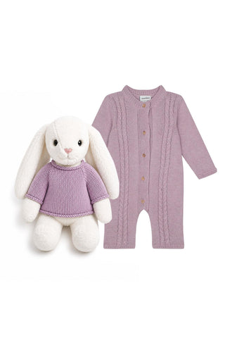 Pembe Saç Örgü Desenli Triko Tulum ve Tavşan Set